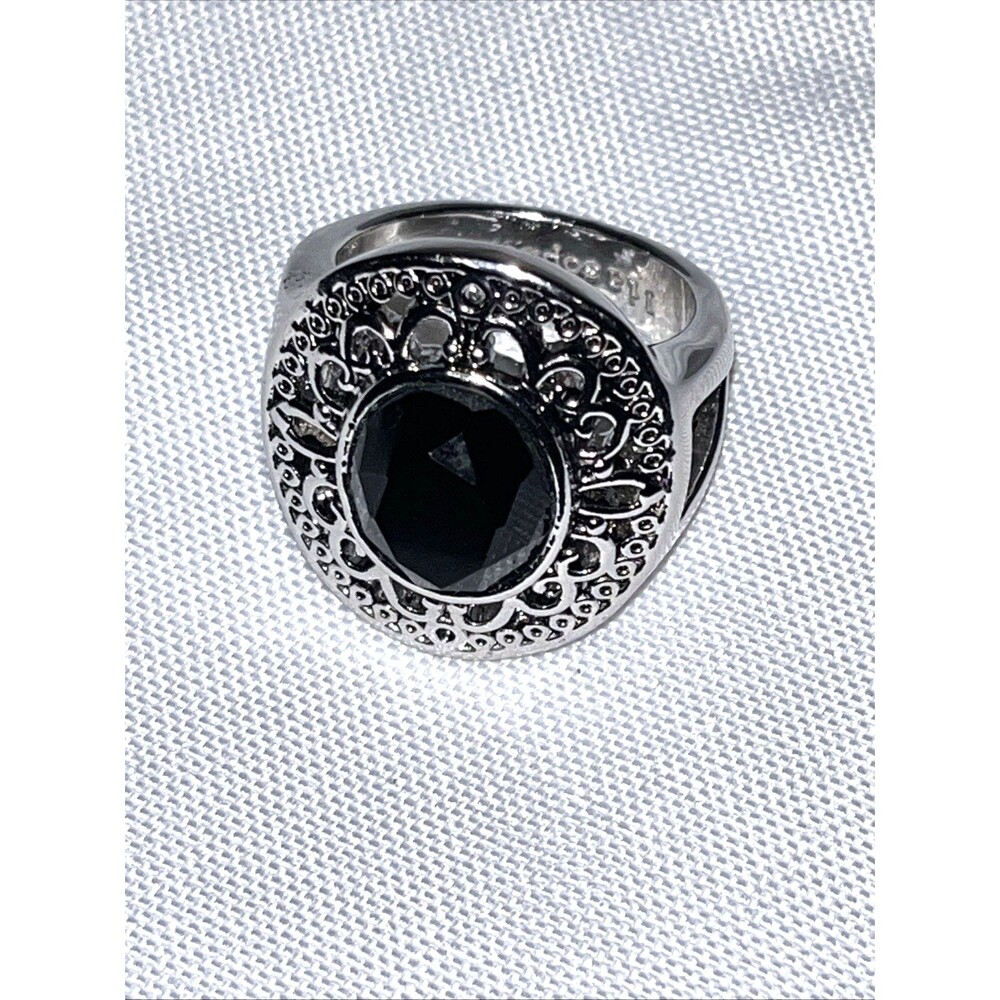 Lia Sophia Silver Tone, Oval Black Stone Ring Size 10